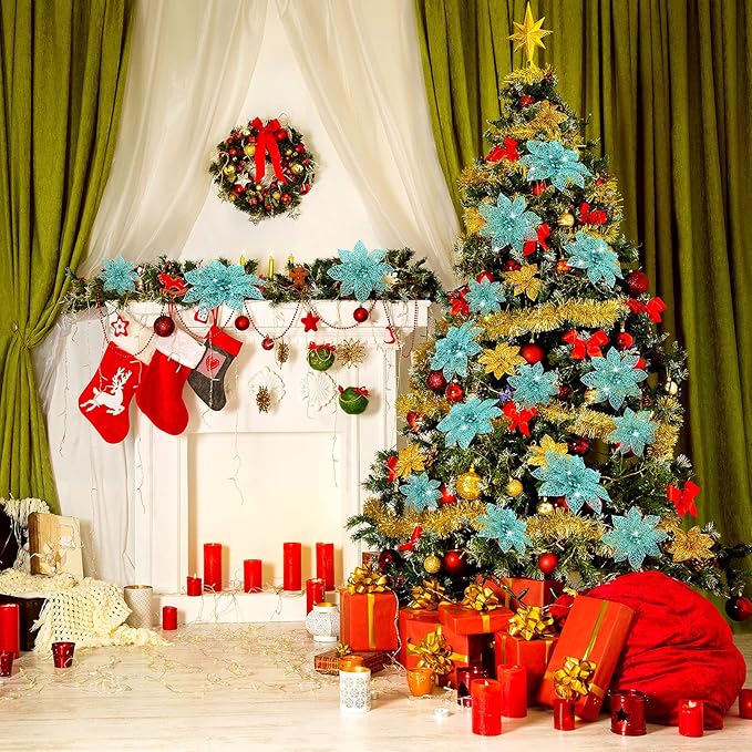 Boao Teal 24 Pieces Poinsettia Flower Christmas Glitter Artificial Poinsettia with Clips Christmas Tree Ornament Decorations for DIY Xmas Wreath Holiday Home Party Decor, 3/4/6 Inches
