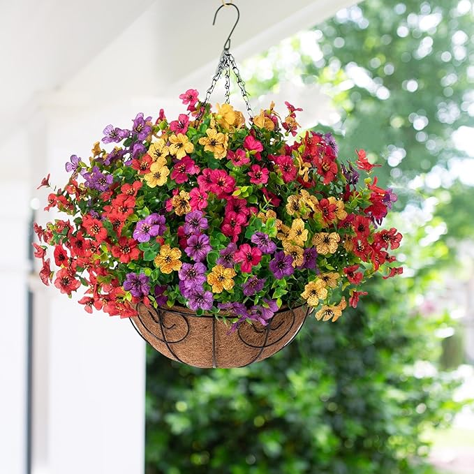 HyeFlora Artificial Faux Hanging Plants Flowers Basket for Summer Outdoor Outside Decoration, Fake Silk UV Sun Resistant Look Real Colorful Daisy Eucalyptus for Porch Home Patio Balcony Yard
