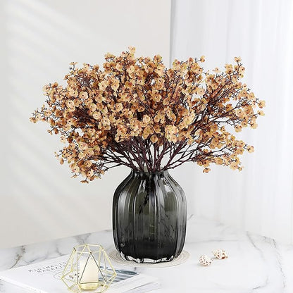 Babys Breath Silk Artificial Flowers Bulk With Vase 10pcs for Fall Decor Fake flower bouquet Bulk for Home Kitchen Indoor Bouquet Floral Arrangement Table Centerpieces Party Decor(Khaki With Vase)