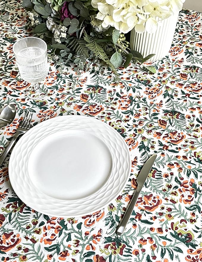 ATOSII Ambrosia Green 100% Cotton Round Tablecloth, Handblock Print Floral Table Cloth for Kitchen Dining Linen I Weddings, Outdoors, Thanksgiving, Christmas I Fall Home Decor I 90" Inches Round
