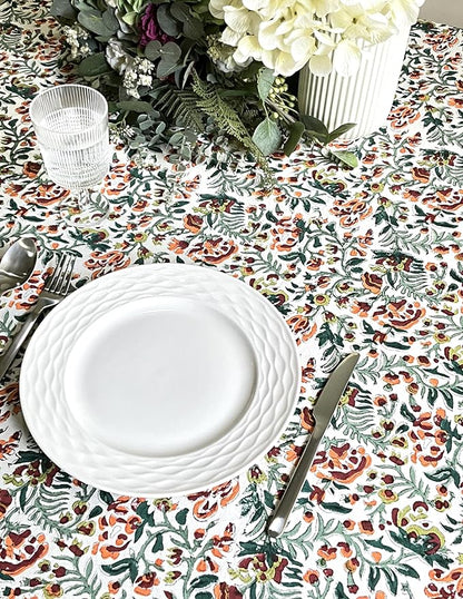 ATOSII Ambrosia Green 100% Cotton Round Tablecloth, Handblock Print Floral Table Cloth for Kitchen Dining Linen I Weddings, Outdoors, Thanksgiving, Christmas I Fall Home Decor I 90" Inches Round