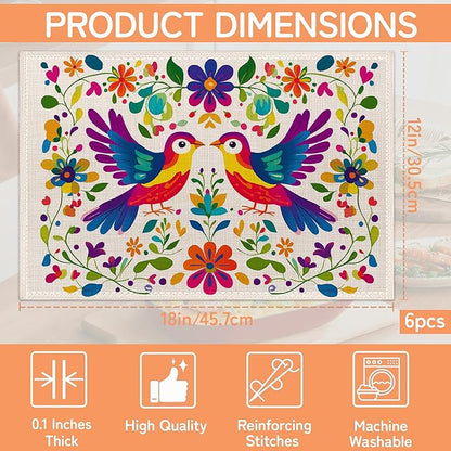 Colorful Bird Table Mats Set of 6,Mexican Style Non-Slip Washable Placemats for Restaurant Home Kitchen Dinner Table 12x18Inch