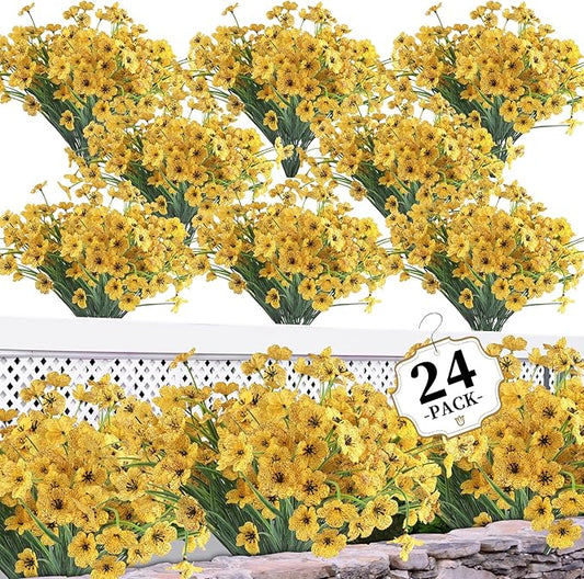 24 Yellow Bundles Artificial Flowers for Outdoors/Indoors Fake Flowers Plants for Indoor Outside Garden Porch Window Box Home Wedding Farmhouse