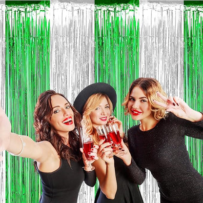 4 Pack Foil Fringe Curtain Backdrop, 3.28Ft x 8.2Ft Metallic Tinsel Foil Fringe Streamers Curtain for Photo Booth, Wedding, Mardi Gras Birthday Carnival St Patrick Day Party Decoration (Silver Green)