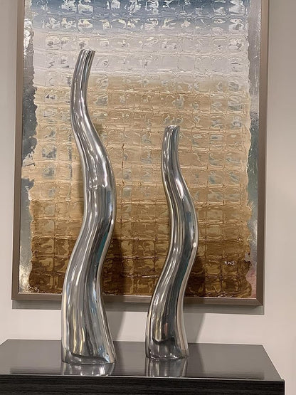 Modern Day Accents 6586 Curva Tall Wiggly Vases Set of 2, Silver, Aluminum, Contemporary, Modern, Popular, Glam, Floor Standing, Large 6" L, 3.5" W, 32" H, Small Vase: 5”L x 3.5”W x 24" H House Decor