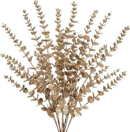 8 Pcs Christmas Tree Picks and Sprays Champagne Glitter Christmas Picks 25.6" Christmas Glitter Eucalyptus Leaves Stems for Christmas Tree Filler Branches Wreaths Centerpieces Holiday Decorations