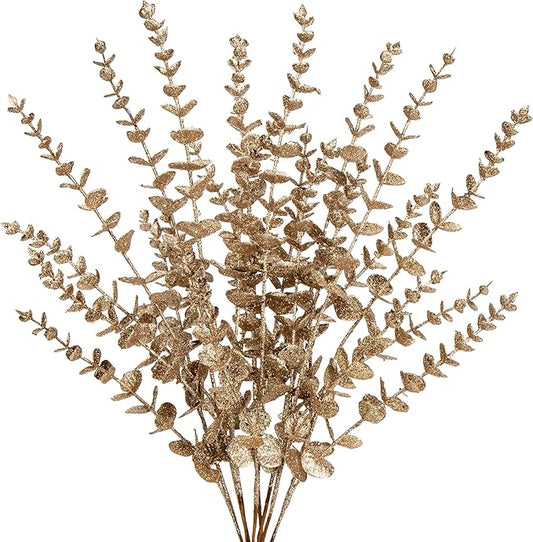 8 Pcs Christmas Tree Picks and Sprays Champagne Glitter Christmas Picks 25.6" Christmas Glitter Eucalyptus Leaves Stems for Christmas Tree Filler Branches Wreaths Centerpieces Holiday Decorations