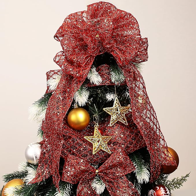 VATIN 2-1/2" Red Christmas Ribbon, Red Glitter Mesh Diamond Web Sequin Dots Wired Christmas Ribbon for Gift Wrapping Bow Making Wreath Supply-10 Yards
