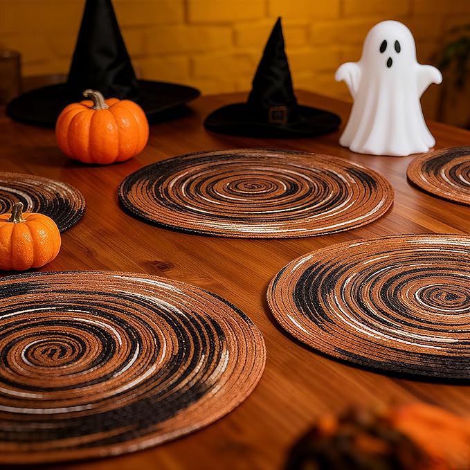 Youyi Better Lifes Halloween Round Braided Placemats Set of 6 Colorful Washable Durable Placemats Non-Slip 15 Inch Black-Orange Woven Table Mats for Dining Tables Holiday Party Decoration