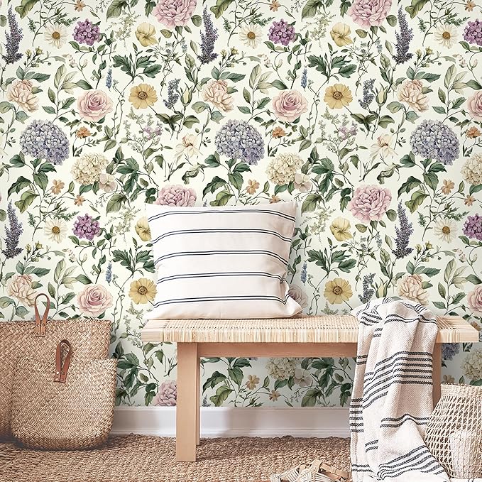 HeloHo Floral Peel and Stick Wallpaper Vintage Floral Contact Paper Boho Flower Botanical Wallpaper Removable Self Adhesive Farmhouse Wall Paper for Cabinets Bathroom Bedroom Vinyl 17.3"x78.7"