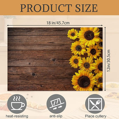 Sunflowers Wooden Placemats Set of 6,Washable Heat Resistant 12×18 Inch Linen Table Mats,Place Mats for Party Outdoor Dining Decor