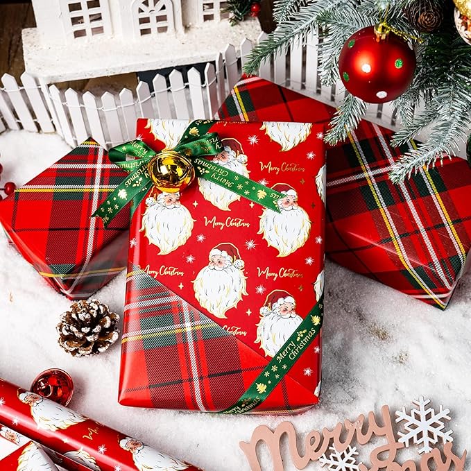Yarcony Red Christmas Wrapping Paper Roll, Santa Wrapping Paper, Retro Classic Red Santa Claus, Stewart Tartan Plaid Christmas Gift Wrap Sheets for Winter Holiday, Festive Decor (17 Inch X 33 Feet)