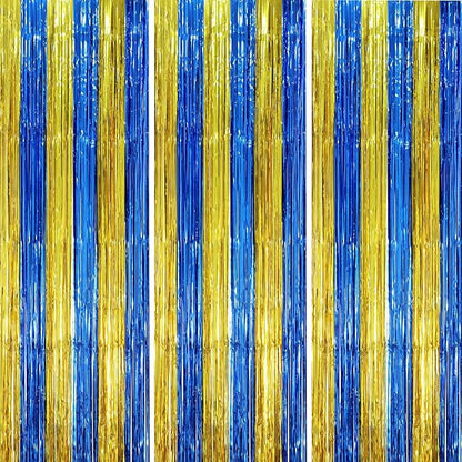 3 Pack 3.3 x 8.2 ft Blue Gold Foil Fringe Backdrop Curtains, Tinsel Streamers Party Decorations, Fringe Backdrop, Door Shimmer for Father's Day Graduation or Birthday Party