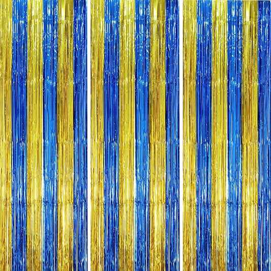 3 Pack 3.3 x 8.2 ft Blue Gold Foil Fringe Backdrop Curtains, Tinsel Streamers Party Decorations, Fringe Backdrop, Door Shimmer for Father's Day Graduation or Birthday Party