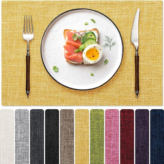 Blue Forest Placemats Set of 8, Dual-Layered Thickened Faux Linen Cloth Place Mats Heat Resistant Machine Washable Wrinkle Free Table Mats Indoor/Outdoor (Yellow)