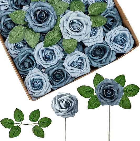 InnoGear Artificial Flowers, 50 Pcs Dusty Blue Shades Foam Fake Roses Bulk with Stems for Decoration DIY Wedding Bouquets Centerpieces Bridal Shower Party Christmas Tree