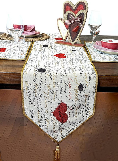 Tache Romantic Cursive Handwritten Love Letter Valentine Hearts Beige Table Runner - Vintage Farmhouse Woven Tapestry Kitchen Dining Dinner Linen Napery Cloth - 13 x 72 inches
