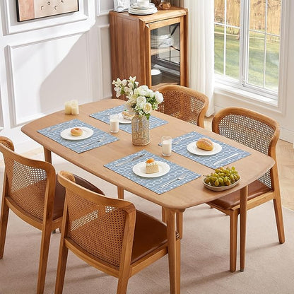 LilyCat Linen Fabric Blue Floral Placemats, Stripes Durable Boho Dining Table Mats for Kitchen, Rustic Vintage Washable Place Mats Set of 4, 18’’× 12’’