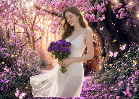 15X10ft Enchanted Forest Backdrop Fairy Tale Purple Garden Wonderland Tree House Floral Background for Kids Girl Baby Shower Birthday Party Decoration Banner Cake Table Photo Booth Props