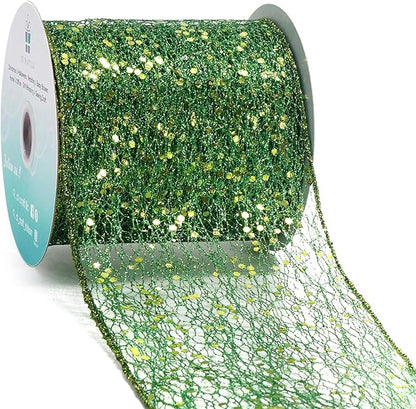 CT CRAFT LLC Sparkling Glitter Mesh Wired Ribbon 4" x 10 Yards Green for Christmas Home Decor Bow Gift Wrapping DIY Crafts Wreath
