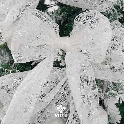 MEEDEE 6 Inch Wide Wired Ribbon White Glitter Mesh Web Wired Edge Ribbon by 10 Yards Roll White Mesh Wired Ribbons for Christmas Tree, Garland, Holiday Crafts, Bows, Centerpiece, Gift Wrapping