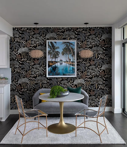 Guvana 197"x16.14" Forest Wallpaper Black Peel and Stick Wallpaper Leaf Contact Paper Floral Self Adhesive Wall Paper for Living Room Cabinets Decorative