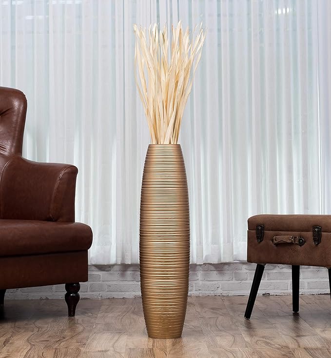 Leewadee Large Gold Home Decor Floor Vase - Wooden 26 inch Tall Farmhouse Decor Flower Holder for Fake Plant and Pampas Grass