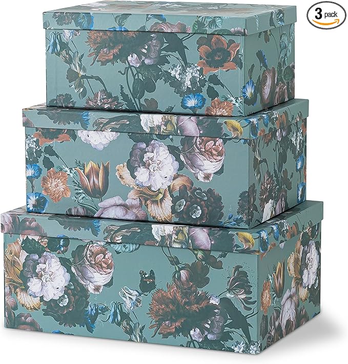 Soul & Lane Decorative Storage Cardboard Boxes with Lids | Elegance in Bloom - Set of 3 | Floral Moody Paperboard Nesting Boxes