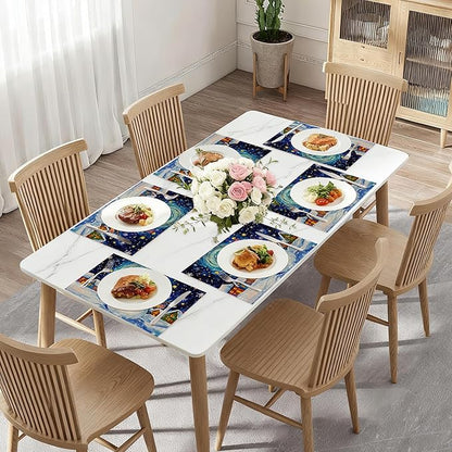 Christmas Snowman Table Mats Set of 6,Starry Night Moon Non-Slip Washable Placemats for Restaurant Home Kitchen Dinner Table 12x18Inch