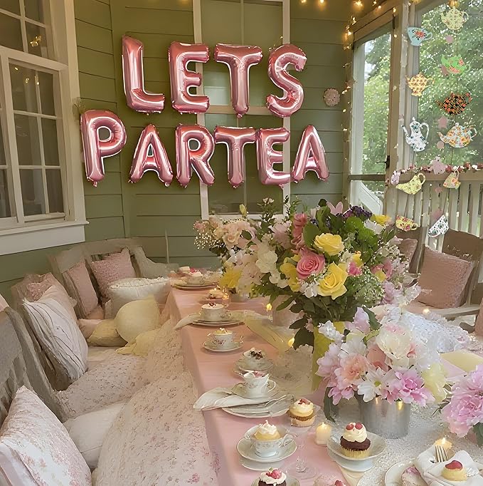 Let's Par Tea Decorations Tea Party Balloons Banner LET'S Par-Tea Foil Balloon Floral Teapots Teacups Balloons Banner Teacup banner for Birthday Baby Shower Wedding Party Supplies