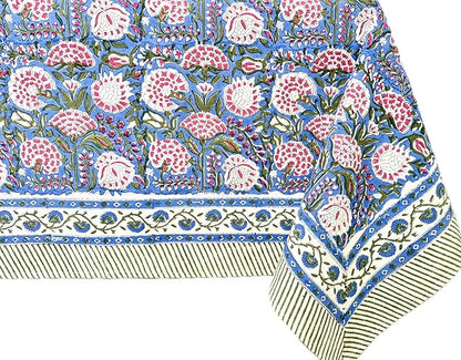 ATOSII Clover Pink 100% Cotton Rectangle Boho Fall Tablecloth, Handblock Floral Table Cloth Linen for Kitchen Dining I Parties Wedding Outdoors Christmas Thanksgiving I 72 X 120 Inches I 10 Seater