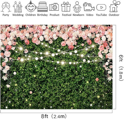 Riyidecor Pink Rose Green Leaves Backdrop Polyester Fabric Rustic Flower Floral Blossom Botanical Plant Spring Nature Wedding 8Wx6H Feet Women Girls Photography Background Birthday Photo Studio Shoot