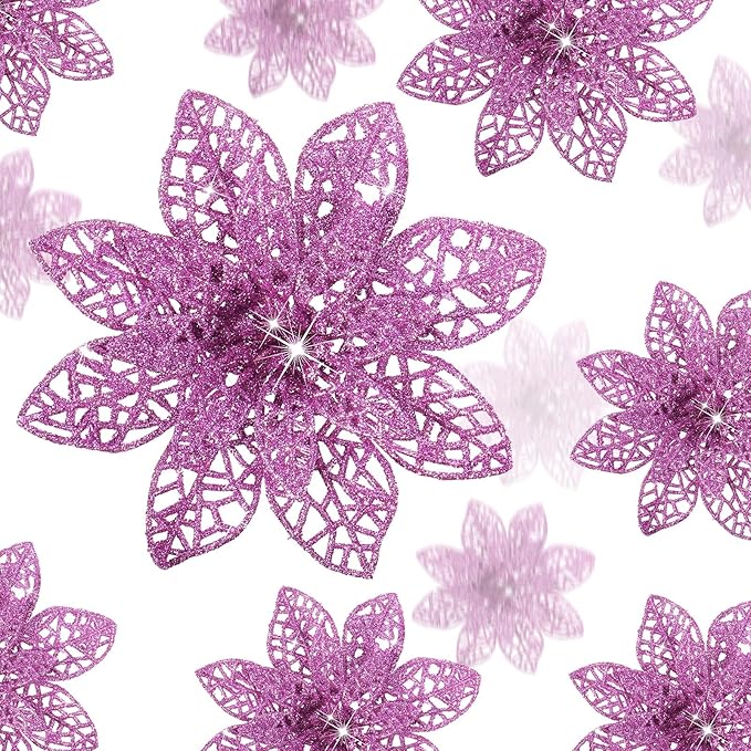 Boao Light Purple 24 Pieces Poinsettia Flower Christmas Glitter Artificial Poinsettia with Clips Christmas Tree Ornament Decorations for DIY Xmas Wreath Holiday Home Party Decor, 3/4/6 Inches