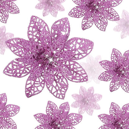 Boao Light Purple 24 Pieces Poinsettia Flower Christmas Glitter Artificial Poinsettia with Clips Christmas Tree Ornament Decorations for DIY Xmas Wreath Holiday Home Party Decor, 3/4/6 Inches