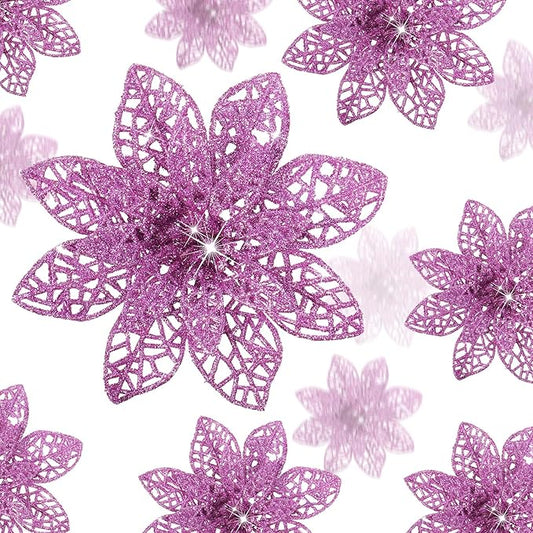 Boao Light Purple 24 Pieces Poinsettia Flower Christmas Glitter Artificial Poinsettia with Clips Christmas Tree Ornament Decorations for DIY Xmas Wreath Holiday Home Party Decor, 3/4/6 Inches