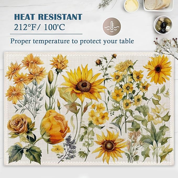 Retro Sunflower Placemats Set of 4, Flower Plants Place Mats Non-Slip Heat Resistant Washable Placemat for Party Kitchen Dining Table Decoration Indoor Outdoor 12x18 Inch