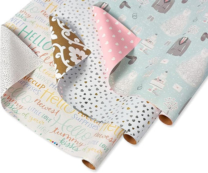 American Greetings Reversible Birthday, Baby, Wedding, and All Occasion Wrapping Paper, Unicorns and Dinosaurs (9 Rolls, 225 sq. ft.)
