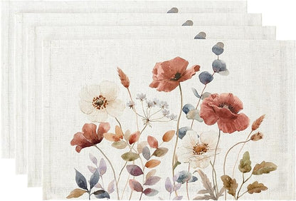 LilyCat Linen Fabric Floral Placemats, Waterproof Durable Boho Dining Table Mats for Kitchen, Rustic Vintage Washable Place Mats Set of 4, 18’’× 12’’