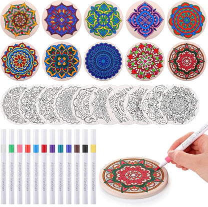10 Pcs Ceramic Coasters for Drinks Color Your Own Coaster Set DIY Absorbent Cup Mat with 12 Markers and Cork Base Gift Arts and Crafts for Coffee Table Apartment Bar Home Decoration (Mandala)