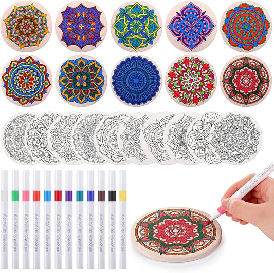 10 Pcs Ceramic Coasters for Drinks Color Your Own Coaster Set DIY Absorbent Cup Mat with 12 Markers and Cork Base Gift Arts and Crafts for Coffee Table Apartment Bar Home Decoration (Mandala)