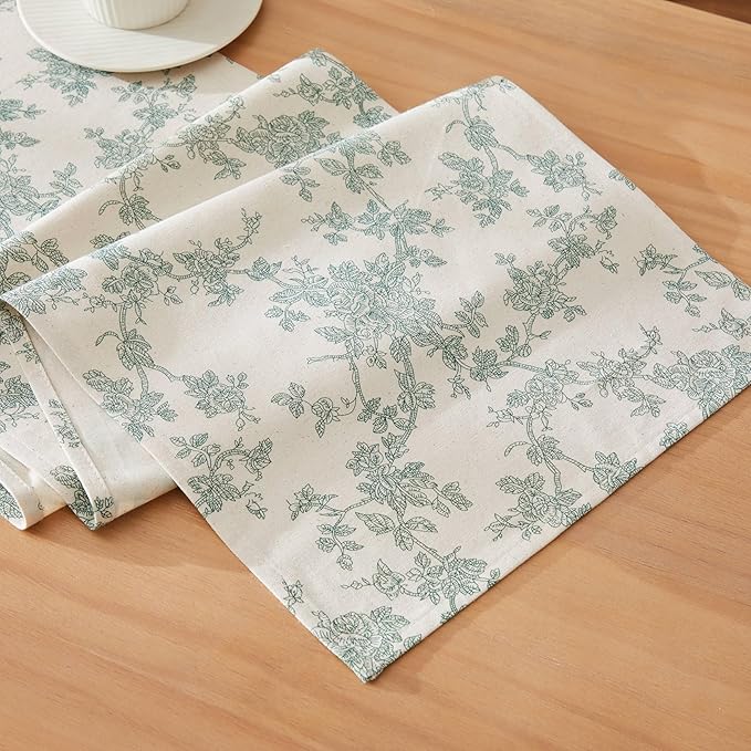 100% Cotton French Pastoral Table Runners, 13x48 Inch Vintage Green Farmhouse Table Runners 48 Inches Long, Vintage Flowers Print Home Decors