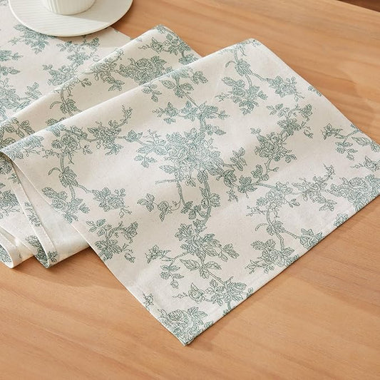 100% Cotton French Pastoral Table Runners, 13x90 Inch Vintage Green Farmhouse Table Runners 90 Inches Long, Vintage Flowers Print Home Decors