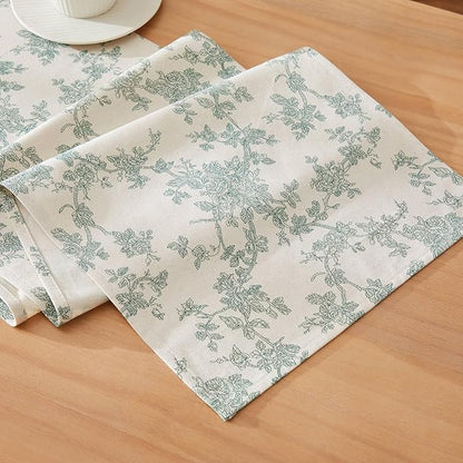 100% Cotton French Pastoral Table Runners, 13x72 Inch Vintage Green Farmhouse Table Runners 72 Inches Long, Vintage Flowers Print Home Decors
