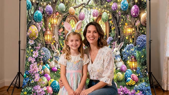 12X10ft Enchanted Forest Easter Backdrop Fairy Tale Rabbit Magic Garden Easter Egg Wonderland Floral Photography Background for Kids Girls Party Decoration Cake Table Photo Booth Props