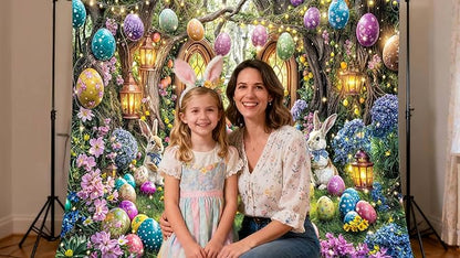 7X5ft Enchanted Forest Easter Backdrop Fairy Tale Rabbit Magic Garden Easter Egg Wonderland Floral Photography Background for Kids Girls Party Decoration Cake Table Photo Booth Props