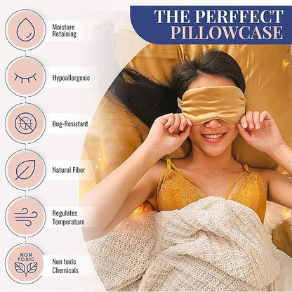 Blissy Silk Pillowcase - 100% Pure Mulberry Silk - 22 Momme 6A High-Grade Fibers - Silk Pillow Cover for Hair & Skin - Regular, Queen & King (Gold, Queen)