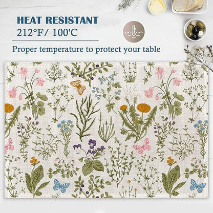 Vintage Herbs Flowers Placemats Set of 4, Garden Place Mats Heat Resistant Washable Non-Slip Table Mats for Party Kitchen Dining Decor 12x18 Inch