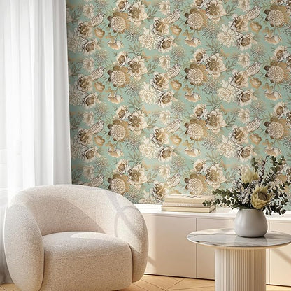 Decotalk Green Floral Wallpaper Floral Peel and Stick Vintage Flowers Wall Paper for Bedroom Bathroom 17.5"x120" Green/Gold Wall Paper Florals Flower Bird Wallpaper Removable Flower Cover Vinyl