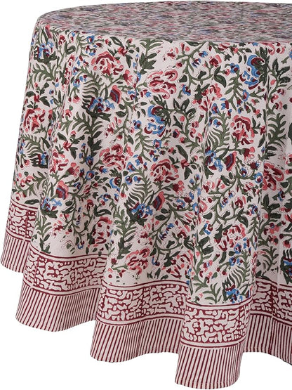 ATOSII Ambrosia 100% Cotton Round Boho Fall Tablecloth, Handblock Floral Table Cloth Linen for Kitchen Dining I Parties Wedding Outdoors Christmas Thanksgiving I Fall Home Decor 90" Inches Round