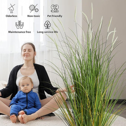 KOL 3ft 2-Pack Artificial Cattail Reed Grass, 35in Artificial Indoor Outdoor Fake Onion Grass Plant, Home Office Wedding Decorative Faux Potted Plant Greenery, Housewarming Gift, White